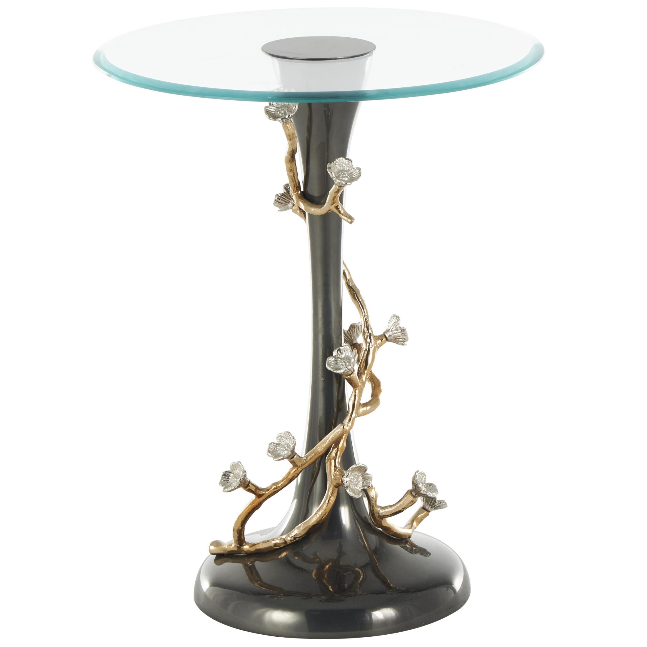 DecMode 18" x 23" Black Aluminum Metal Twisted Vine Floral Accent Table with Gold and Silver Accents and Glass Tabletop, 1-Piece