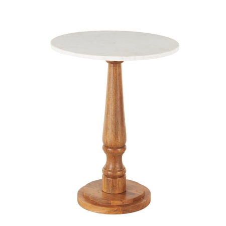 DecMode 18" x 23" Brown Mango Wood Turned Accent Table with White Marble Tabletop, 1-Piece