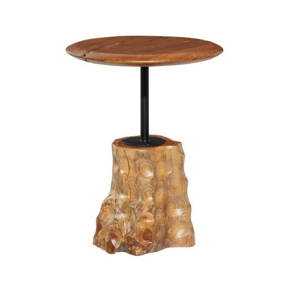 DecMode 18" x 23" Brown Teak Wood Handmade Live Edge Raised Tabletop Accent Table with Tree Stump Base, 1-Piece