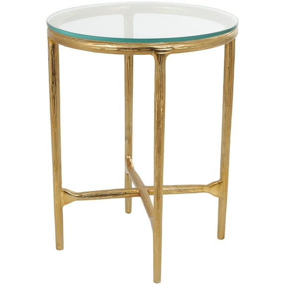 DecMode 18" x 23" Gold Aluminum Textured Accent Table with Glass Tabletop, 1-Piece