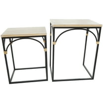DecMode 18" x 24" Black Metal Arched Accent Table with Wood Zig Zag Patterned Top and Rattan Accents, 2-Pieces