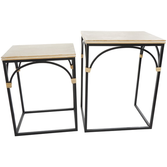 DecMode 18" x 24" Black Metal Arched Accent Table with Wood Zig Zag Patterned Top and Rattan Accents, 2-Pieces