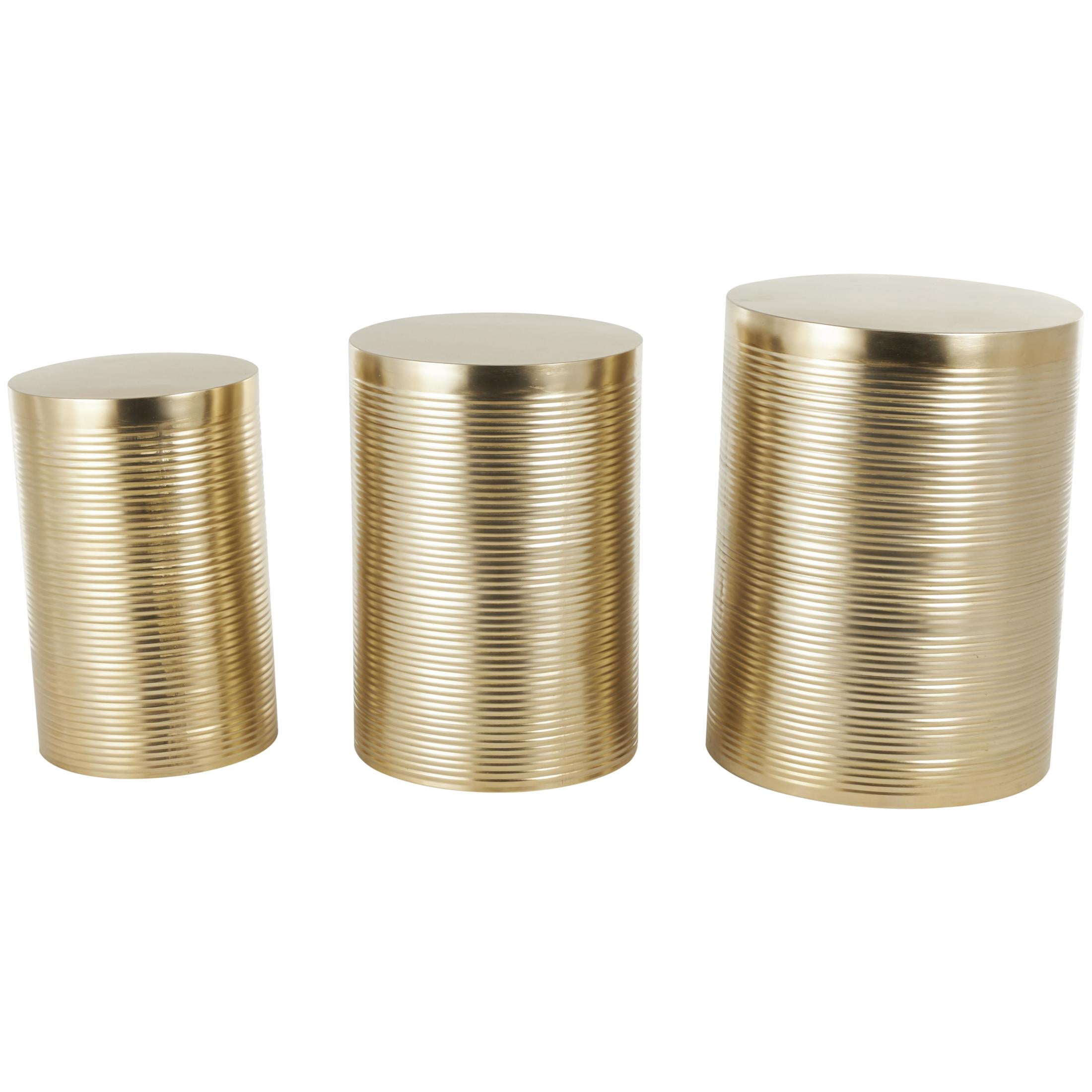 DecMode 18" x 24" Gold Metal Metallic Ribbed Drum Accent Table, 3-Pieces