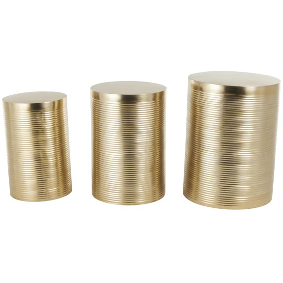 DecMode 18" x 24" Gold Metal Metallic Ribbed Drum Accent Table, 3-Pieces