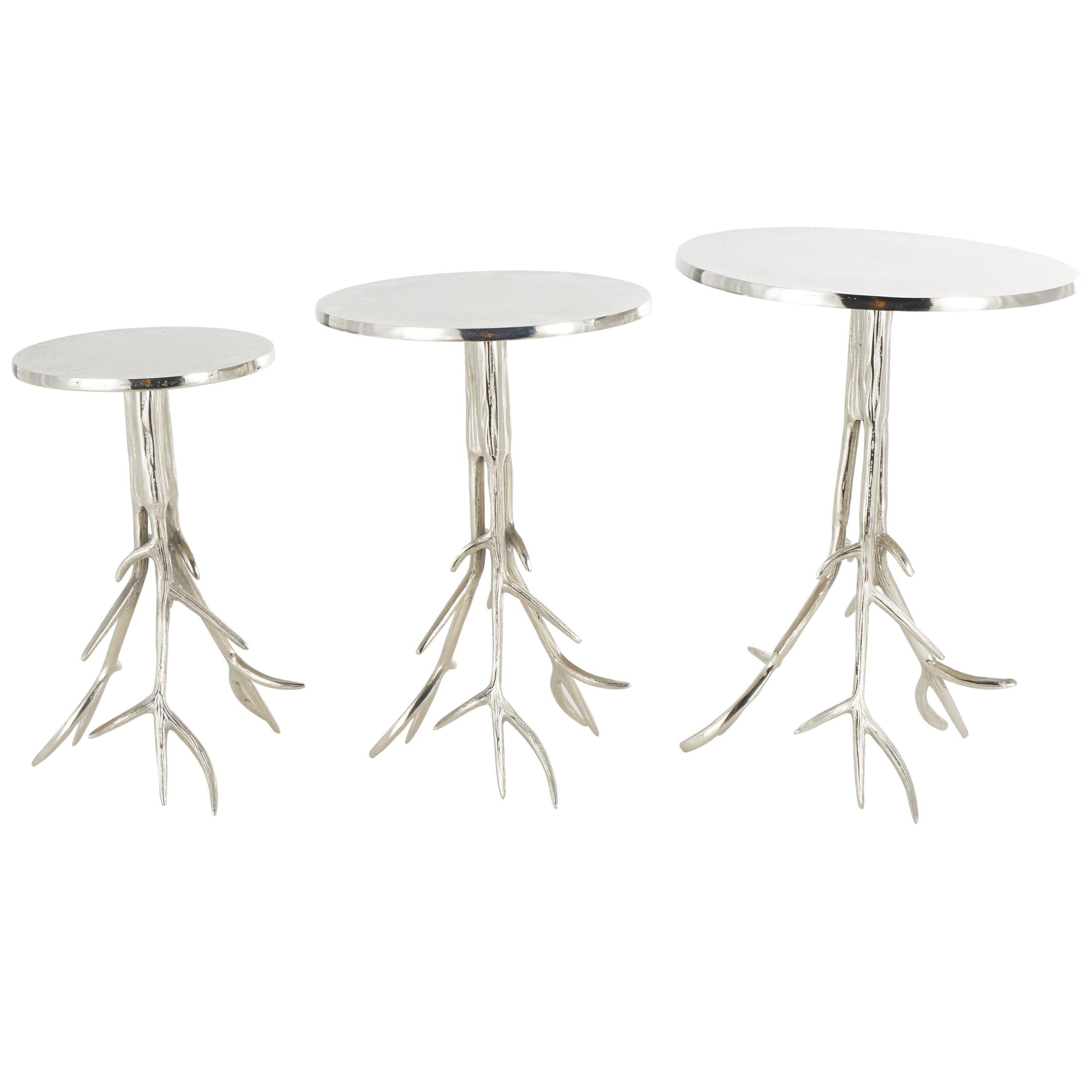 DecMode 18" x 24" Silver Aluminum Metal Accent Table with Textured Tree Branch Legs, 3-Pieces