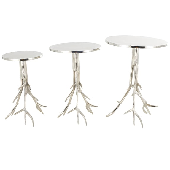 DecMode 18" x 24" Silver Aluminum Metal Accent Table with Textured Tree Branch Legs, 3-Pieces