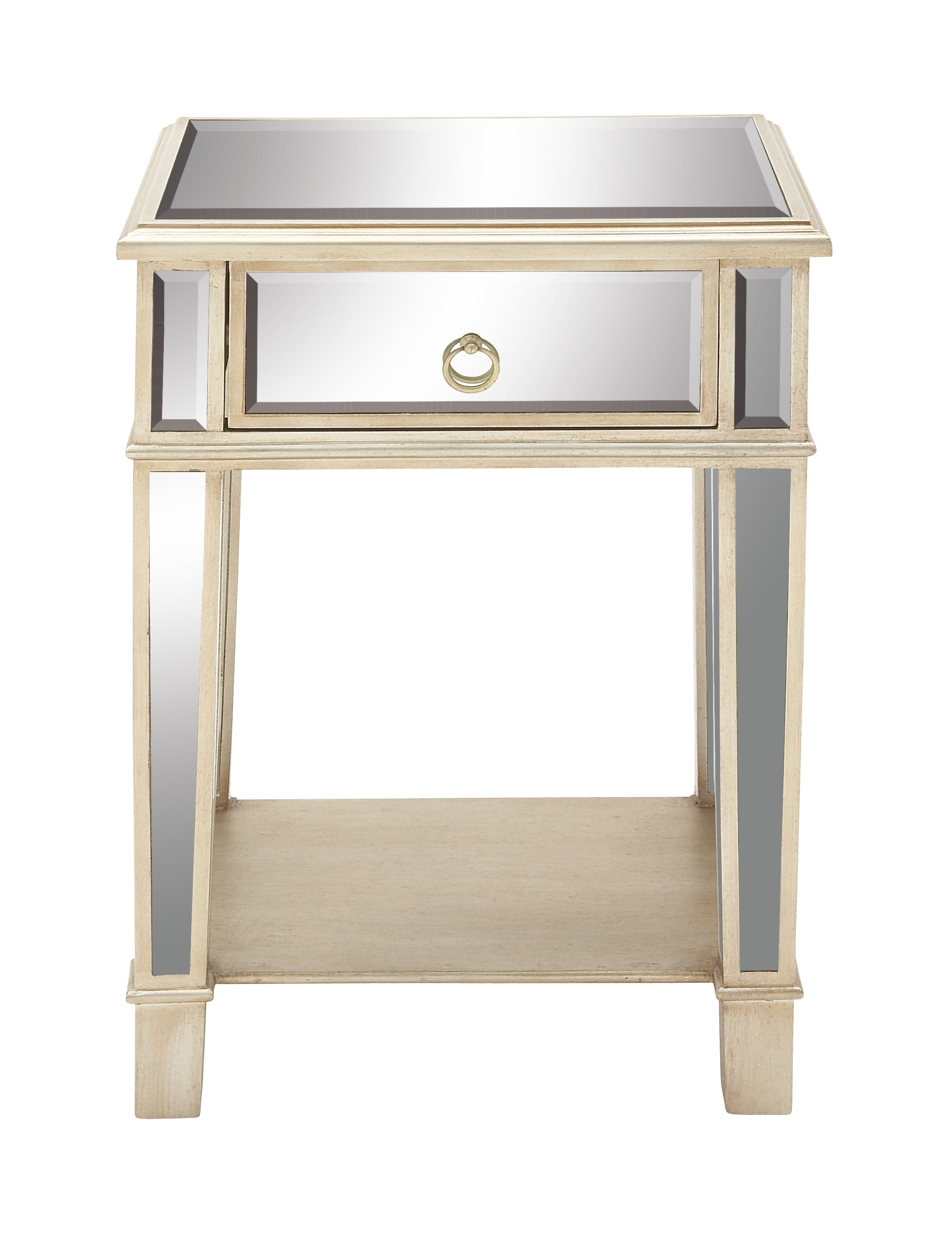 Beige Mirrored Fir Wood Accent Table with Storage