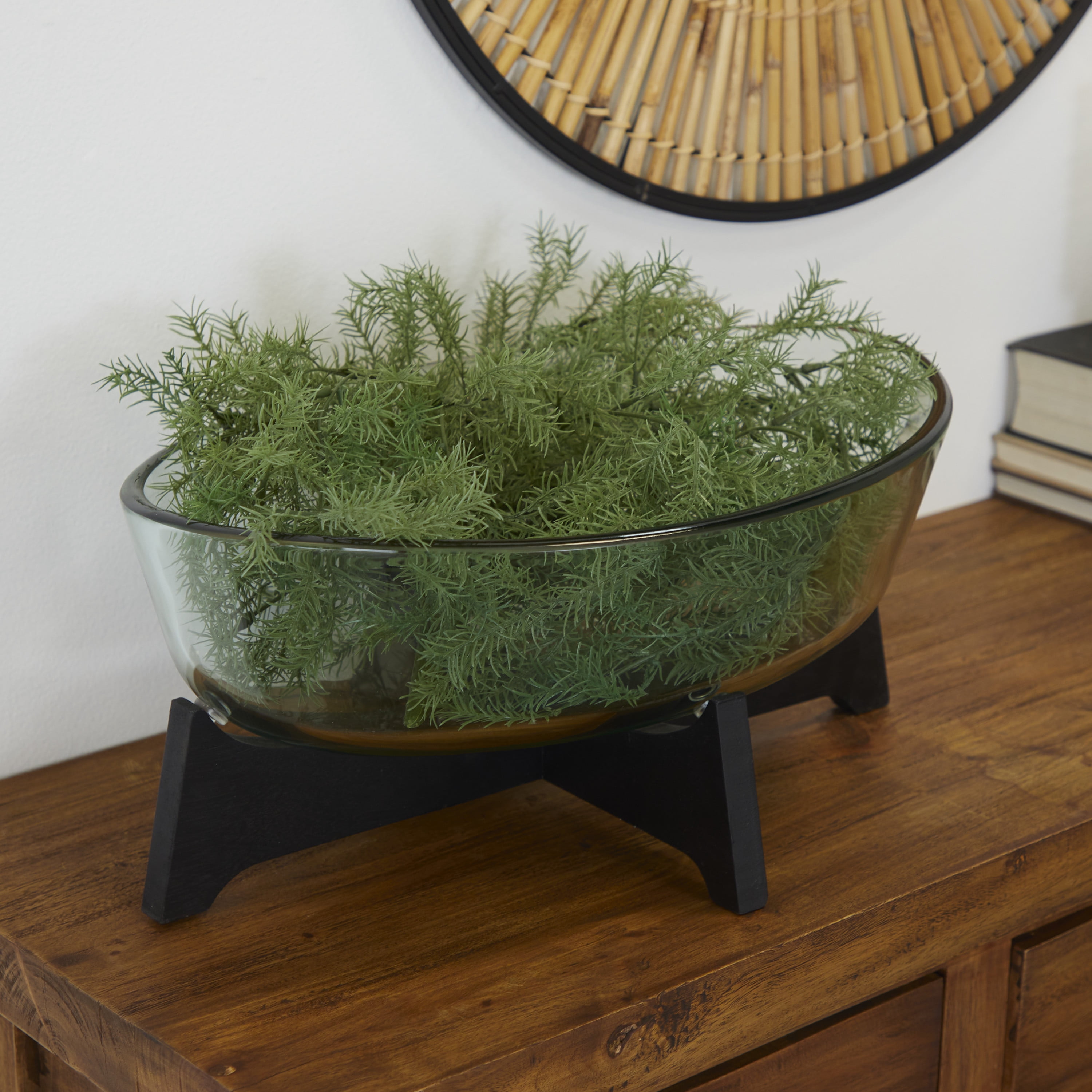 DecMode 18" x 8" Clear Glass Kitchen Serving Bowl with Black Wooden Base, 1-Piece