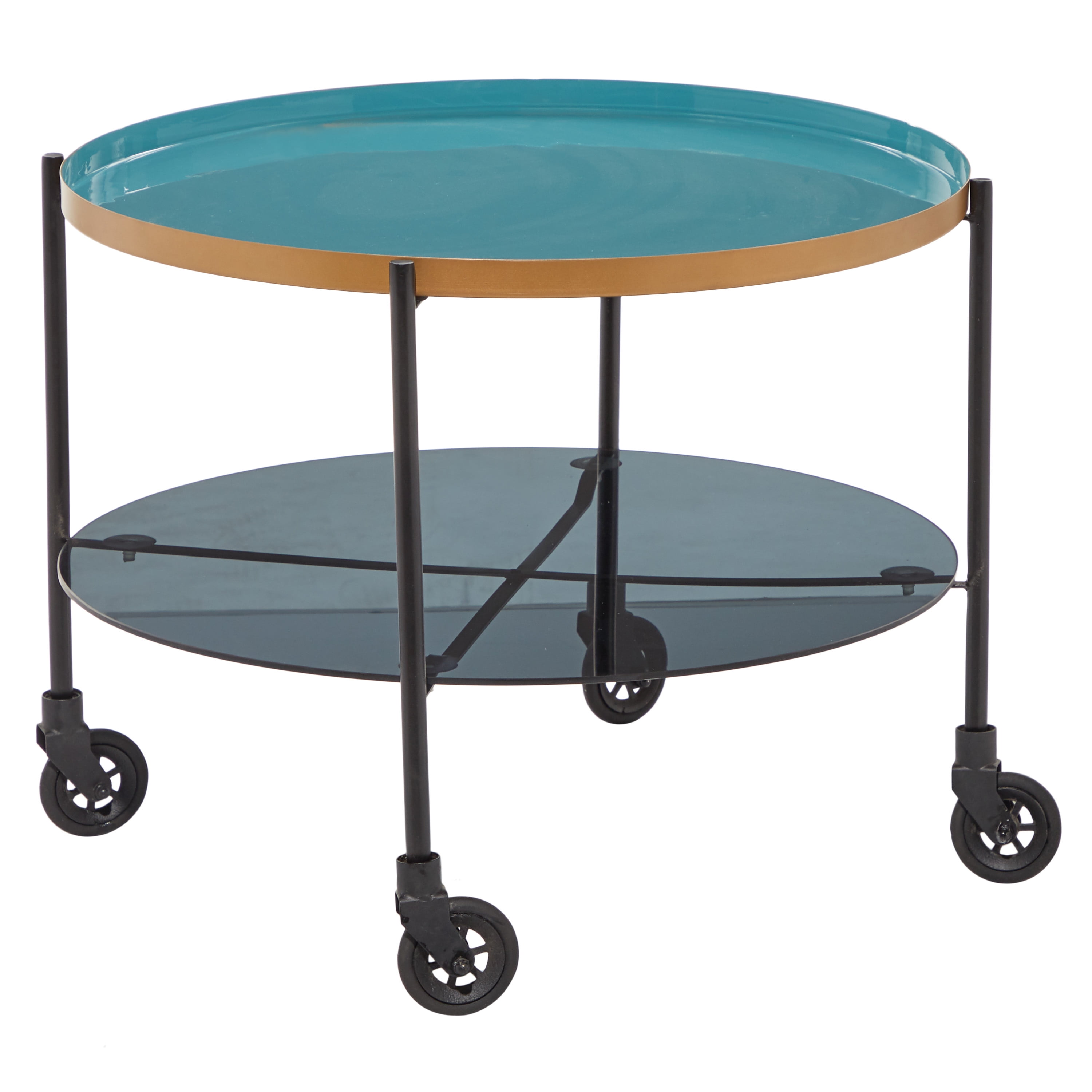 DecMode 18346 Round Black Metal Wheeled Coffee Table with Teal Enamel Tray Top and Tinted Glass Shelf, 26 in X 19 in