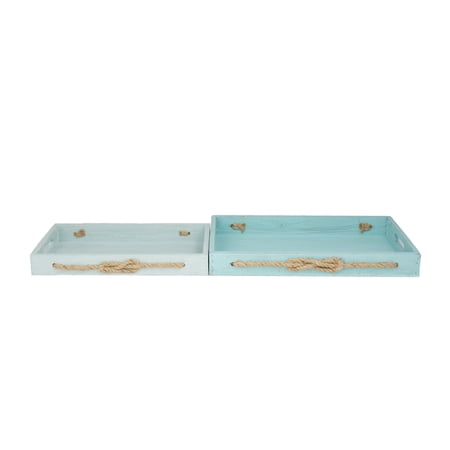 DecMode 19", 16"W Blue Wood Tray with Rope Accents, 2-Pieces