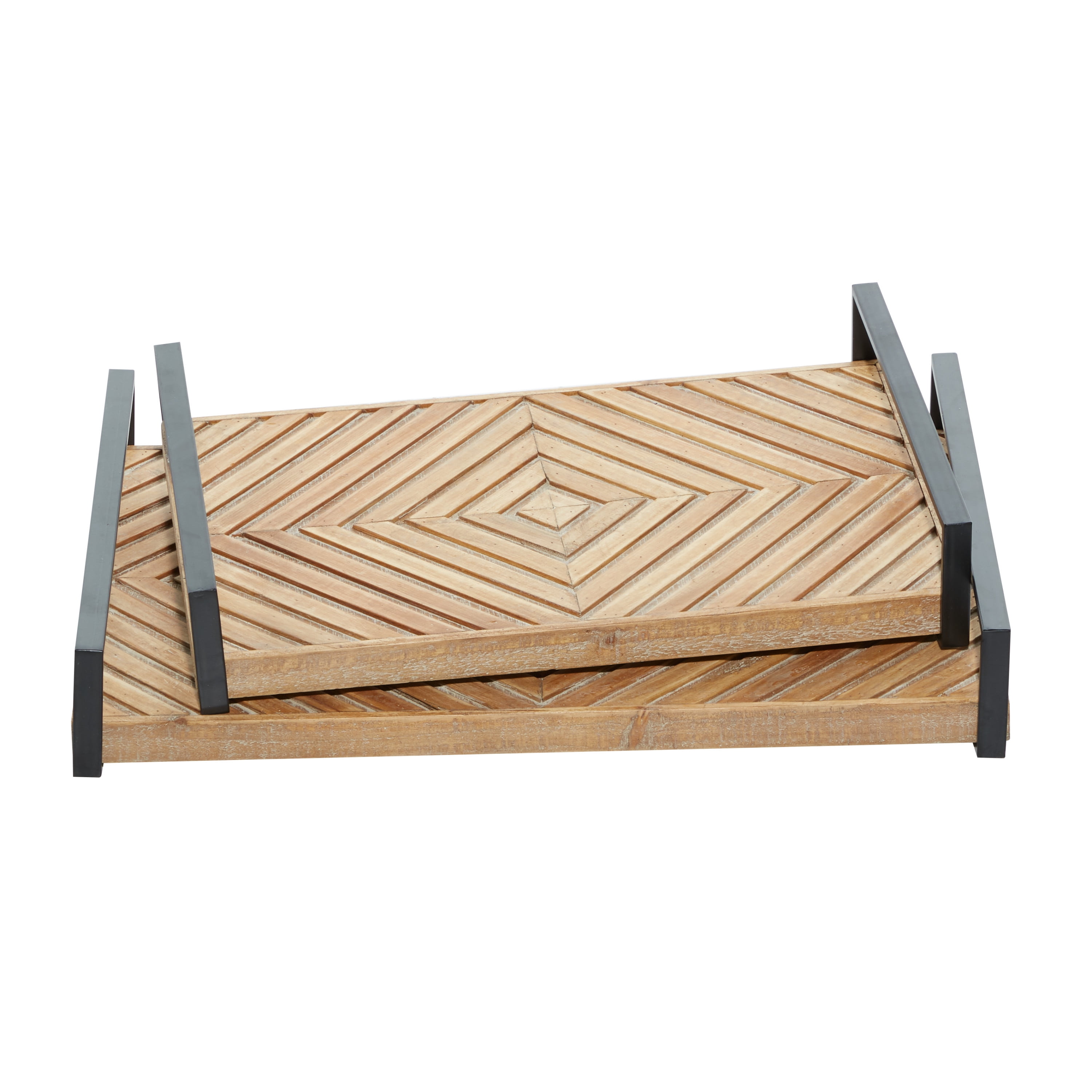 Brown Rectangular Wood Tray Set with Black Handles, 19" and 16"