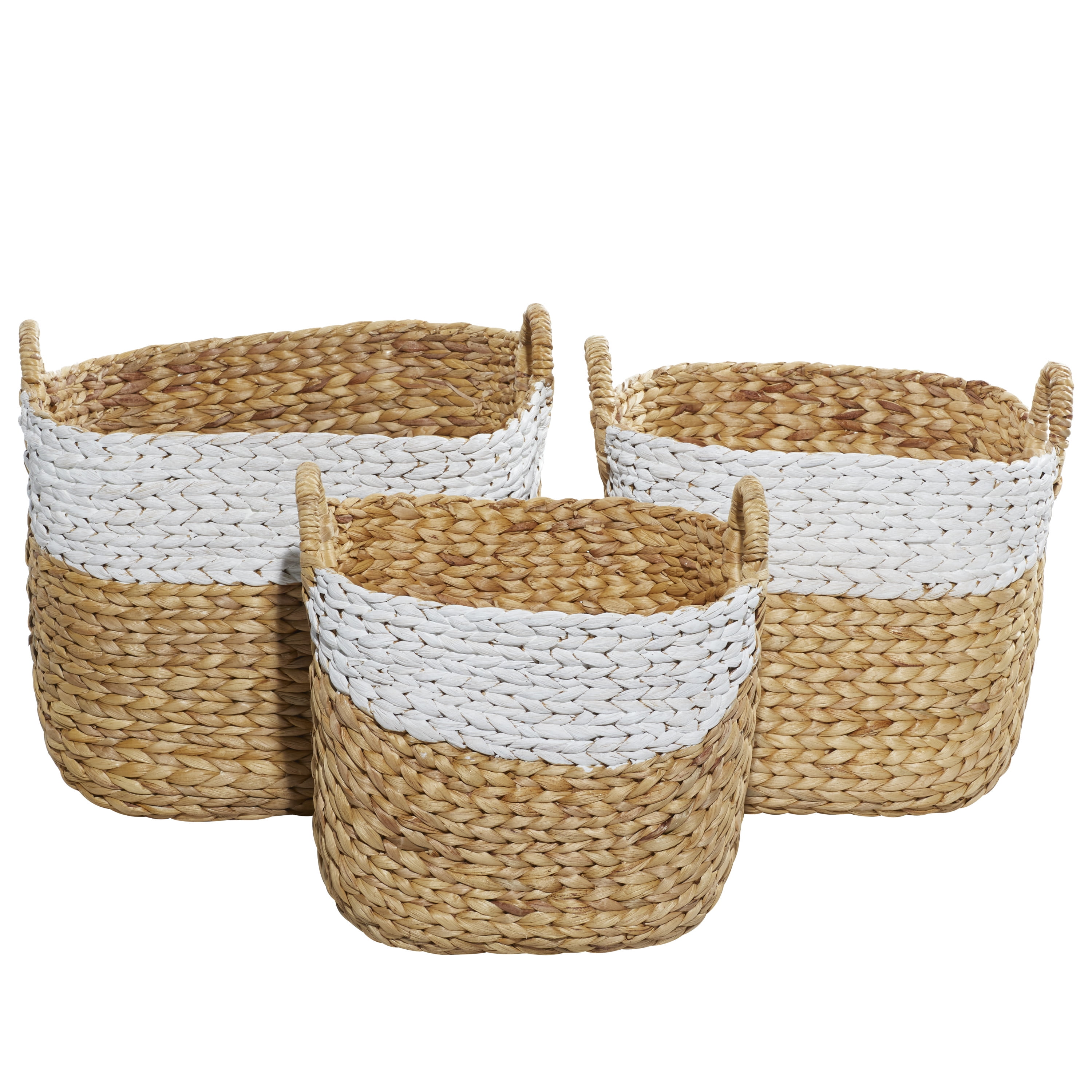 DecMode 19", 17", 15"W Brown Seagrass Handmade Two Toned Storage Basket with Handles, 3-Pieces