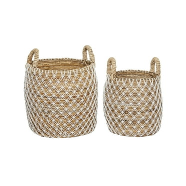 DecMode 19", 17"H Brown Banana Leaf Handmade String Detail Storage Basket with Handles, 2-Pieces