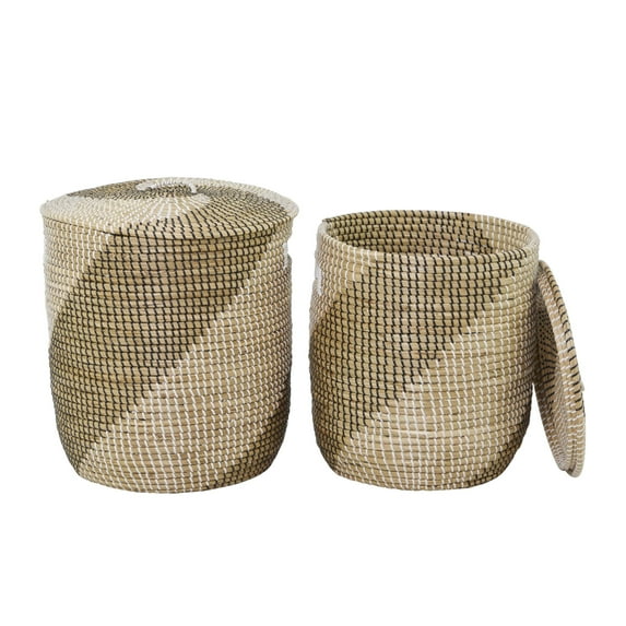 DecMode 19", 17"H Brown Seagrass Handmade Two Toned Storage Basket with Matching Lids, 2-Pieces