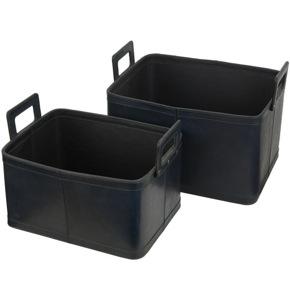DecMode 19", 17"W Dark Blue Leather Handmade Storage Basket with Handles, 2-Pieces