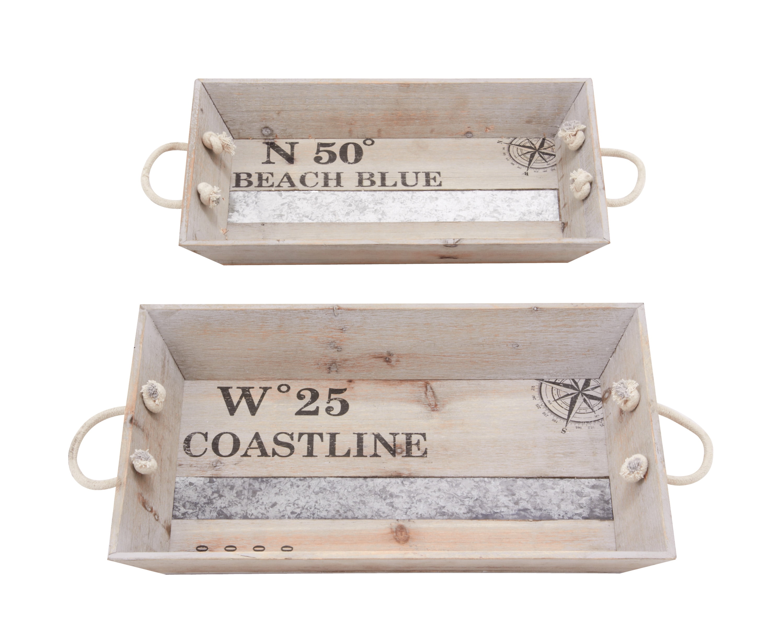 Coastal Charm White Wood Rectangular Tray Set with Metal Accents, 19" x 12"