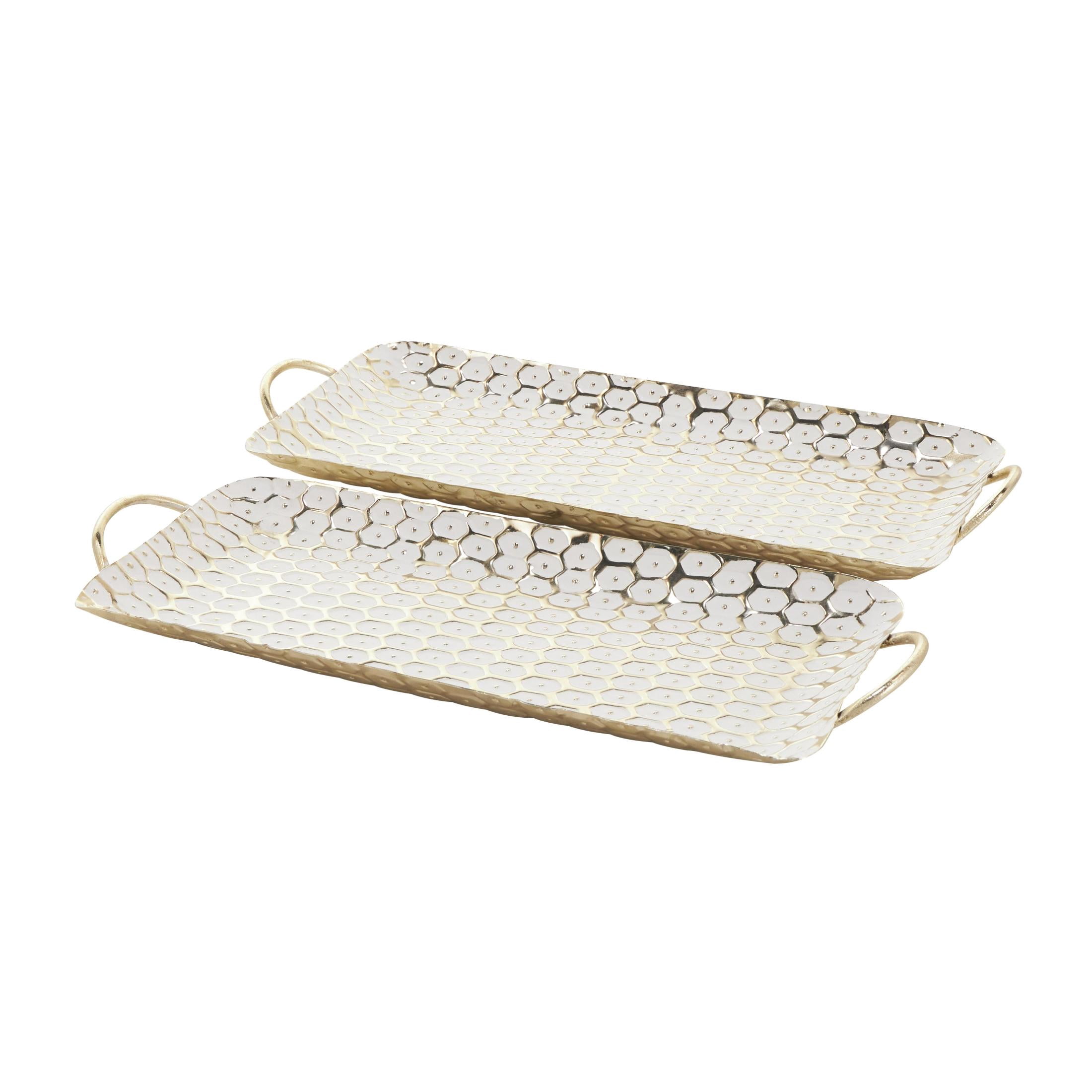 DecMode 19", 19"W Gold Metal Geometric Dot Geometric Tray with White Accents, 2-Pieces