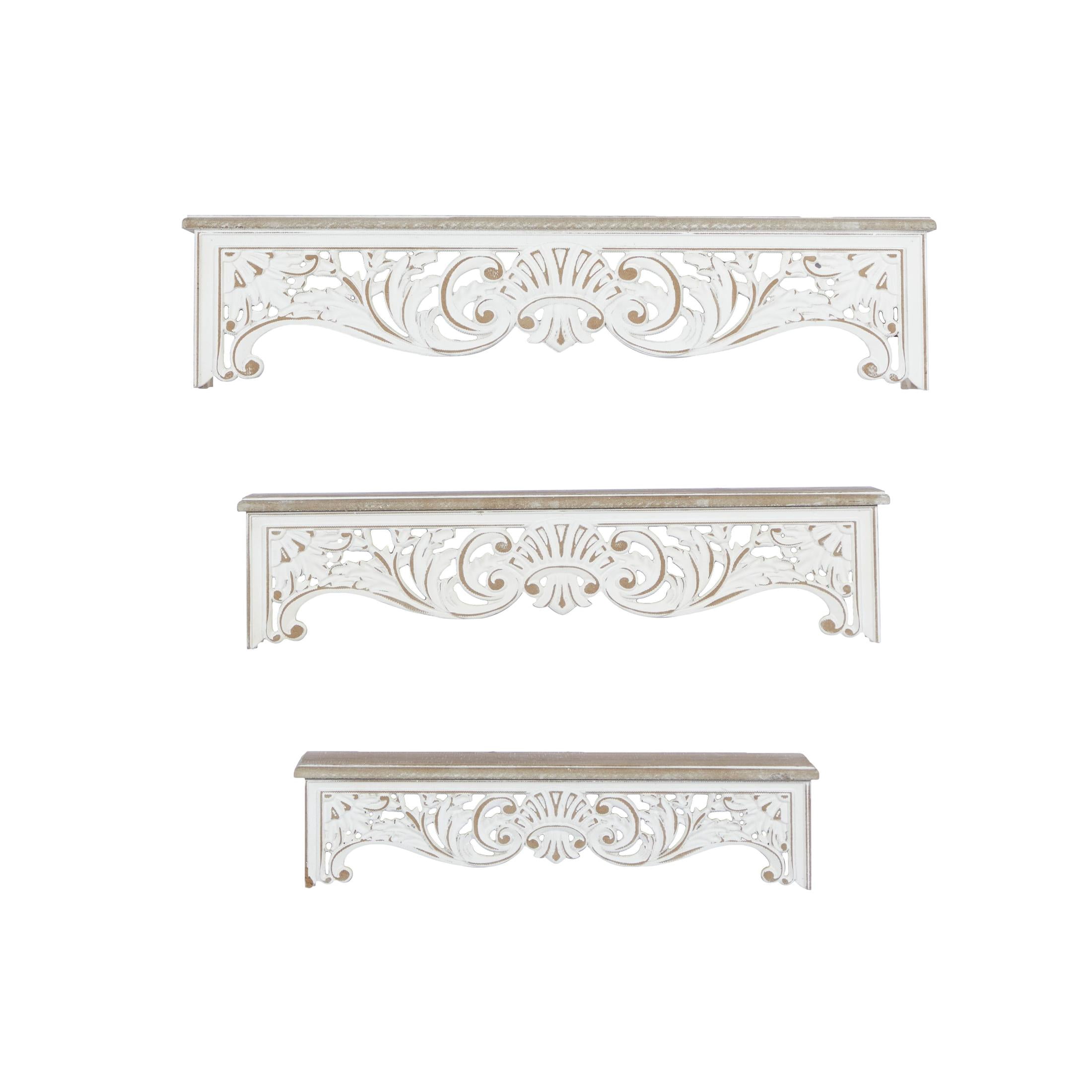 DecMode 19", 24", 28"W Carved 3-Tier Cream Scroll Wall Shelf (3 Count)