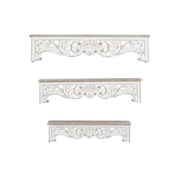 DecMode 19", 24", 28"W Carved 3-Tier Cream Scroll Wall Shelf (3 Count)