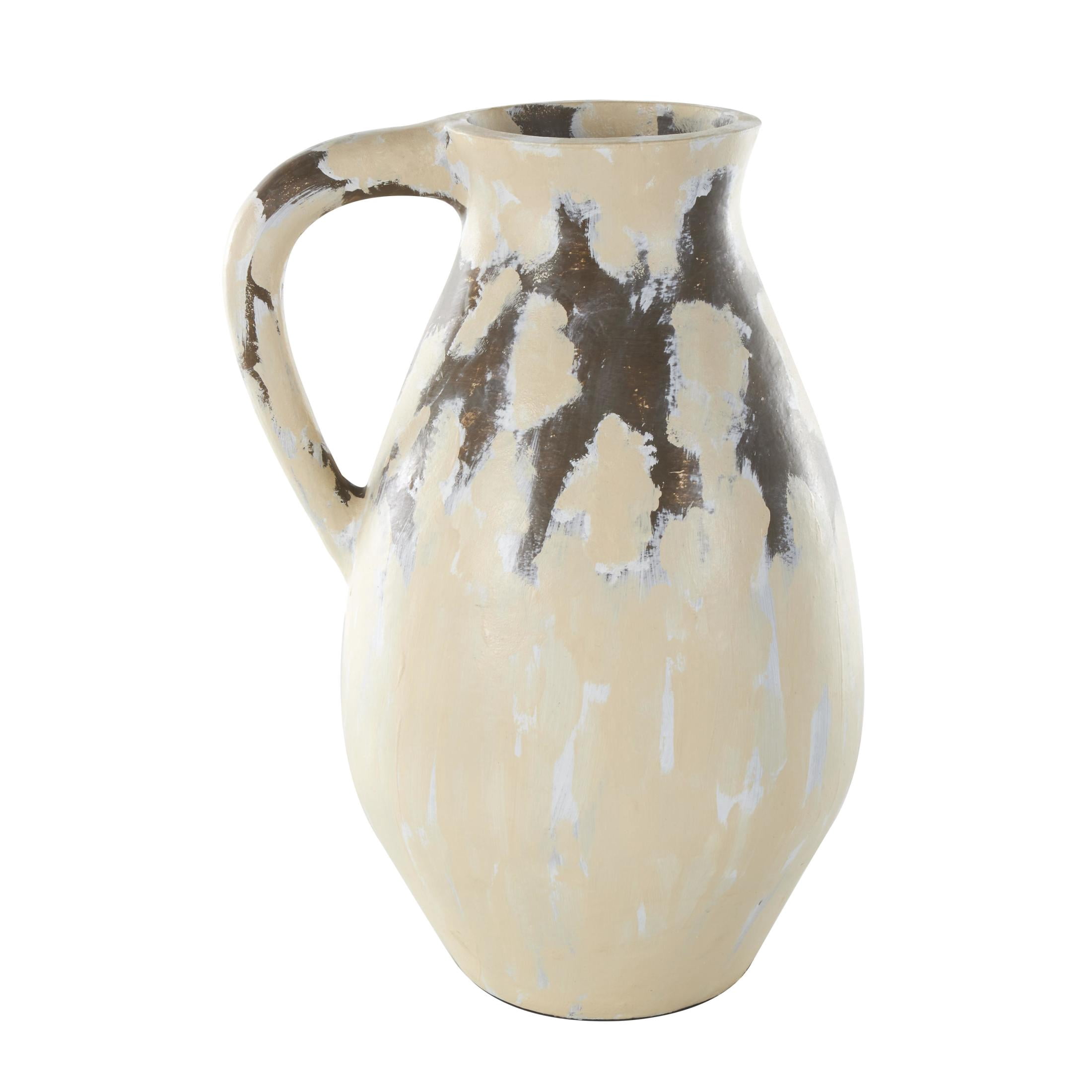 DecMode 19" Antique Style Pot Cream Ceramic Vase with Curved Handle