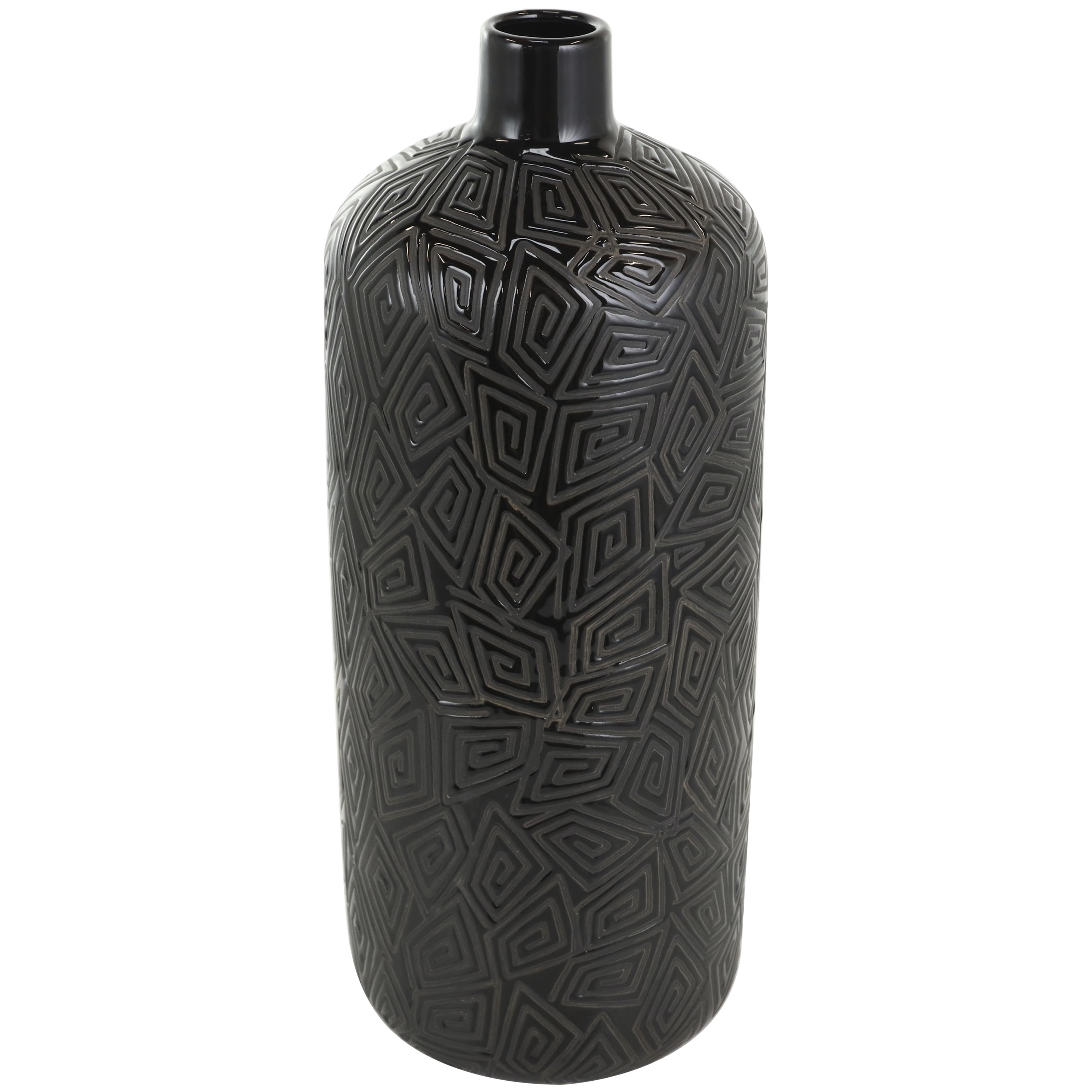 DecMode 19" Black Ceramic Vase with Geometric Etchings