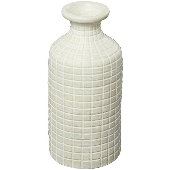DecMode 19" Geometric Textured Cream Ceramic Vase with Checkered Pattern