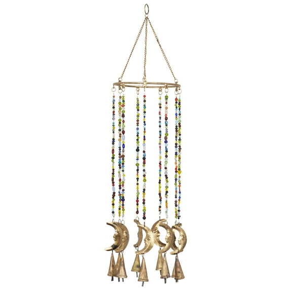 DecMode 19" Gold Metal Moon Windchime with Glass Beads and Cone Bells