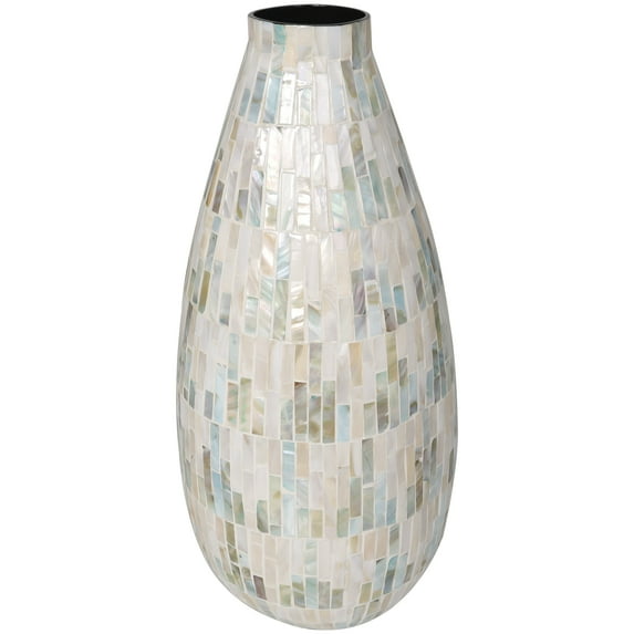 DecMode 19" Handmade Mosaic Inspired White Mother of Pearl Vase with Pastel Blue and Pink Accents