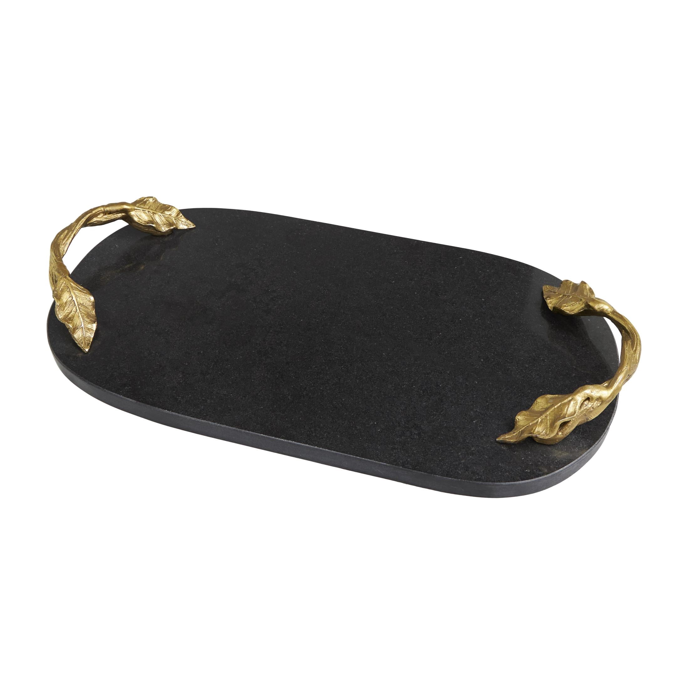 DecMode 19" x 10" Black Marble Oval Leaf Tray with Gold Twisted Metal Handles, 1-Piece