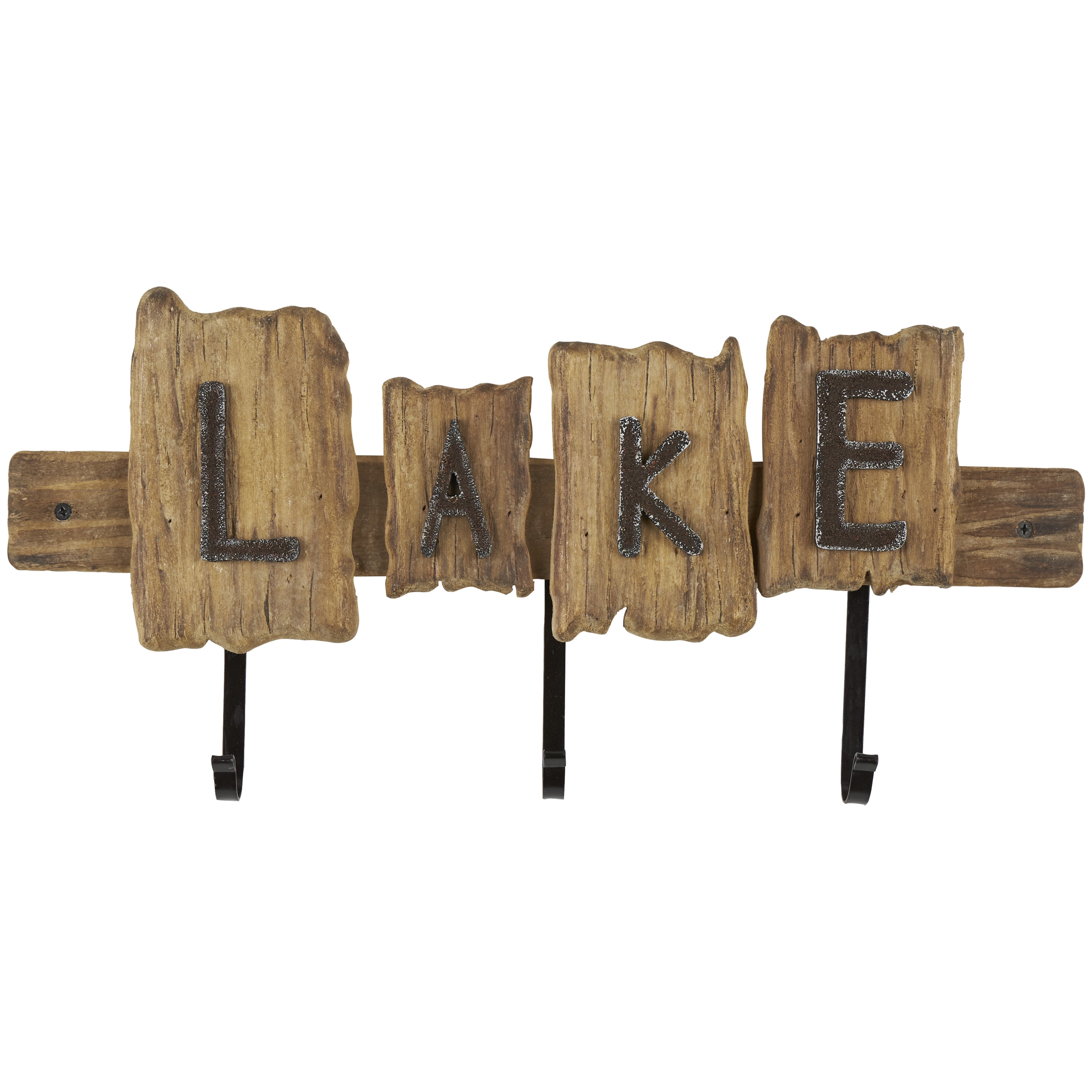 DecMode 19" x 2" Brown Wood Handmade Live Edge Lake Sign 3 Hanger Wall Hook with Metal Accents, 1-Piece