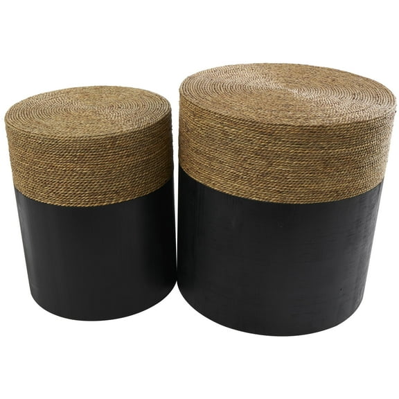 DecMode 19" x 20" Black Wood Handmade Accent Table with Brown Wrapped Seagrass Tabletops, 2-Pieces