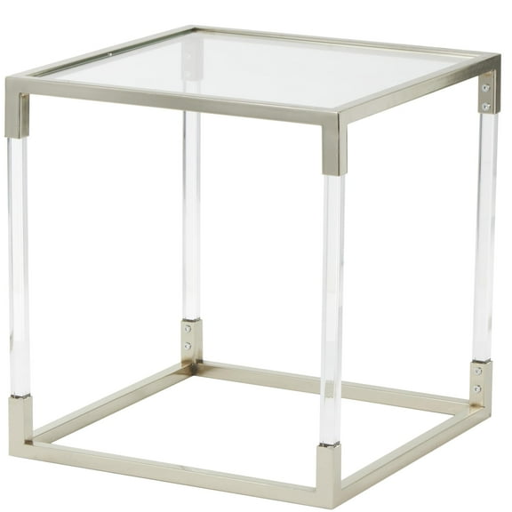 DecMode 19" x 20" Silver Metal Cube Shaped Accent Table with Clear Glass Top and Acrylic Legs, 1-Piece