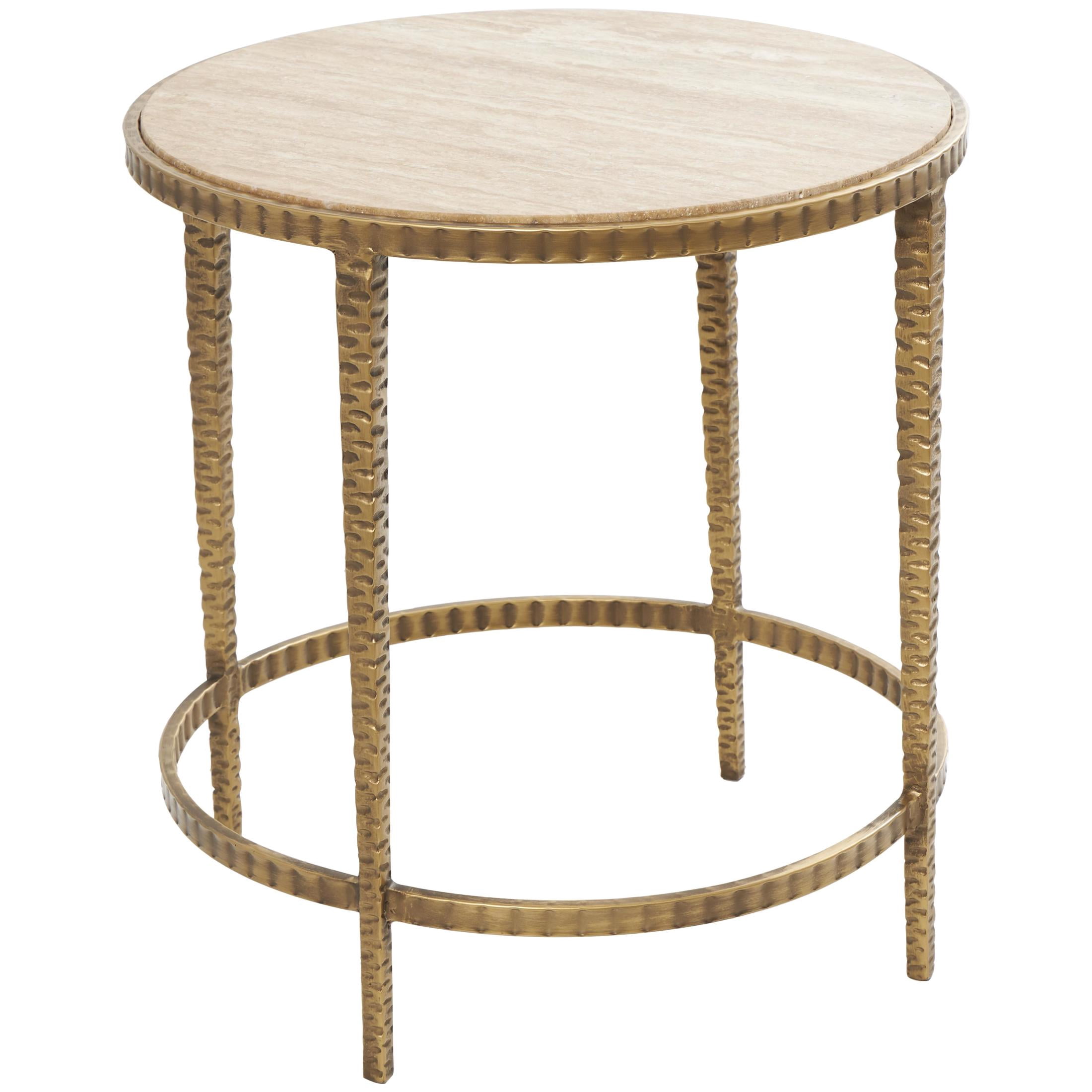 DecMode 19" x 20" Beige Marble Round Accent Table with Hammered Gold Metal Legs, 1-Piece
