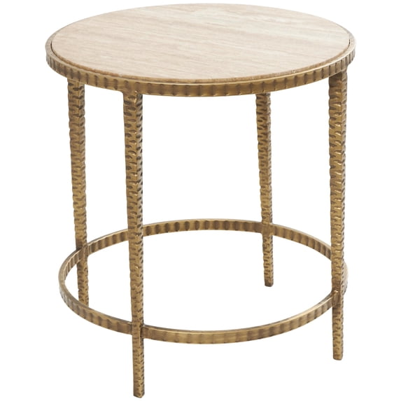 DecMode 19" x 20" Beige Marble Round Accent Table with Hammered Gold Metal Legs, 1-Piece
