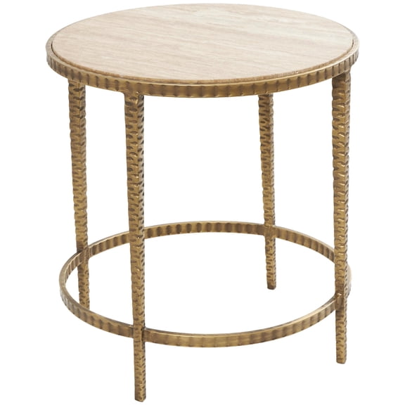 DecMode 19" x 20" Beige Marble Round Accent Table with Hammered Gold Metal Legs, 1-Piece