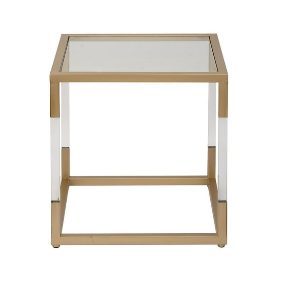 DecMode 19" x 20" Gold Metal Cube Shaped Accent Table with Clear Glass Top and Acrylic Legs, 1-Piece