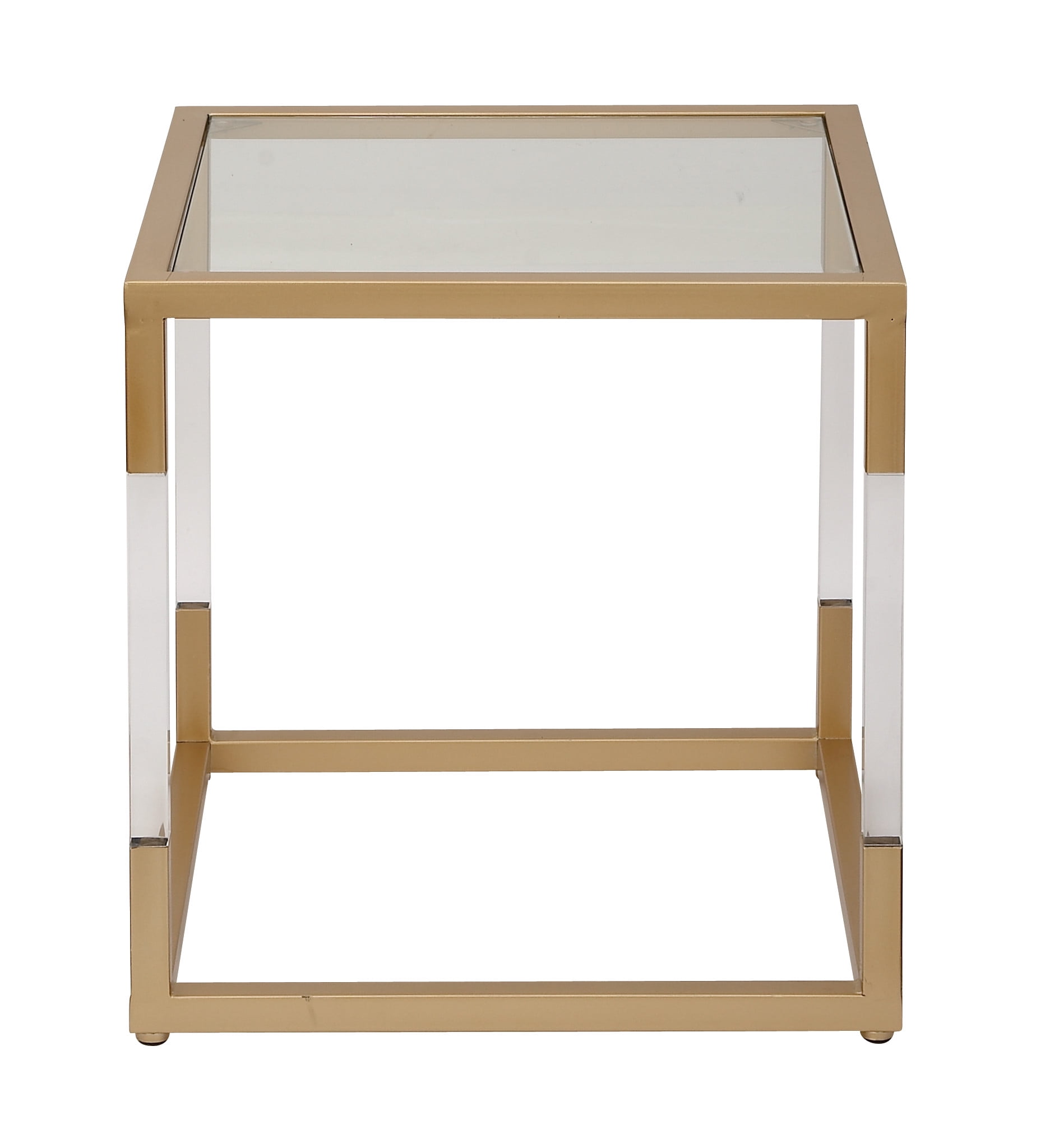Gold Metal and Clear Glass Square End Table with Acrylic Legs