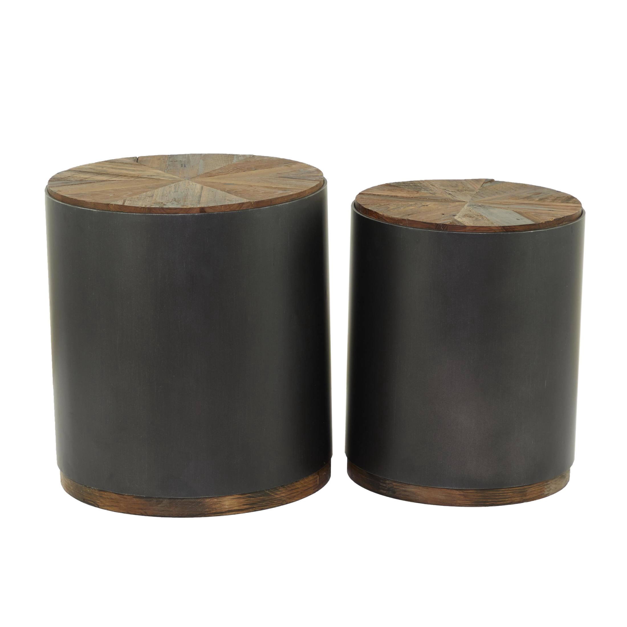 DecMode 19" x 21" Black Metal Drum Accent Table with Brown Wood Top, 2-Pieces
