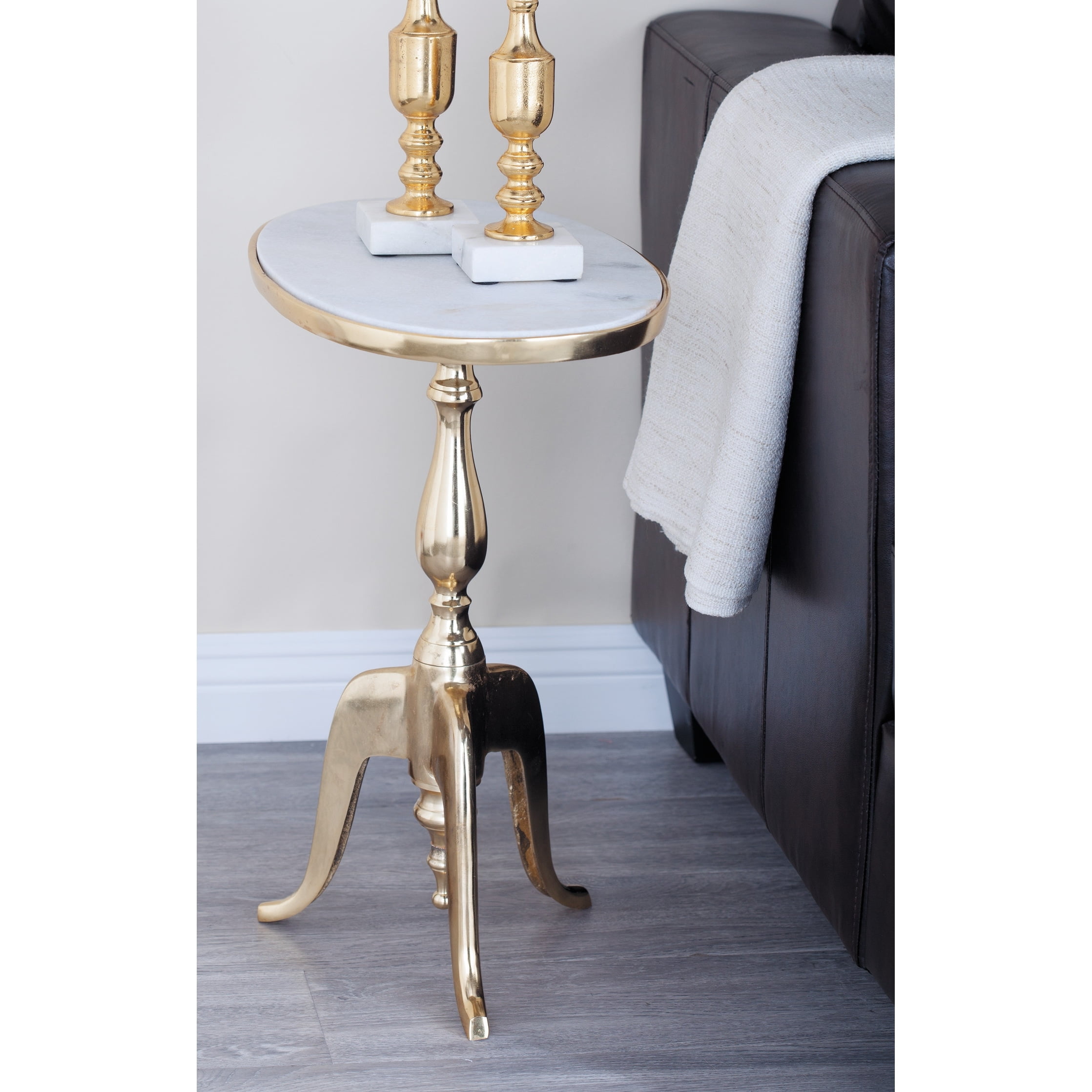Elegant Round Gray Stone Top End Table with Gold Metal Base
