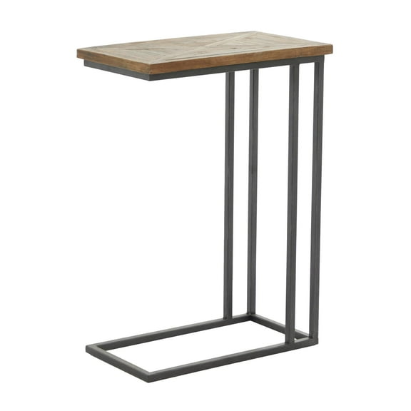 DecMode 19" x 26" Black Metal C-Shaped Accent Table with Brown Wood Top, 1-Piece