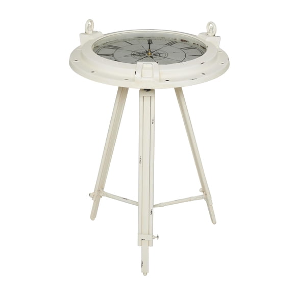 DecMode 19" x 27" White Metal Compass Accent Table with Clock and Clear Glass Top, 1-Piece