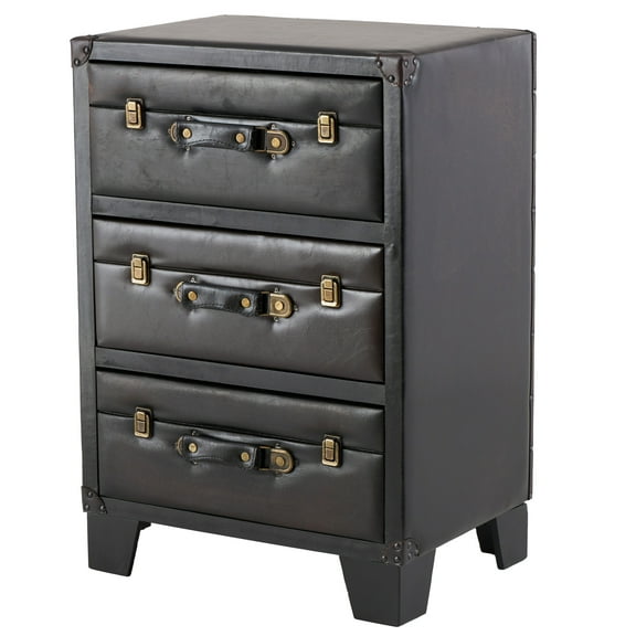 DecMode 19" x 28" Dark Brown Faux Leather Vintage Faux Leather 3 Drawer Chest with Gold Buckle and Strap Accents, 1-Piece