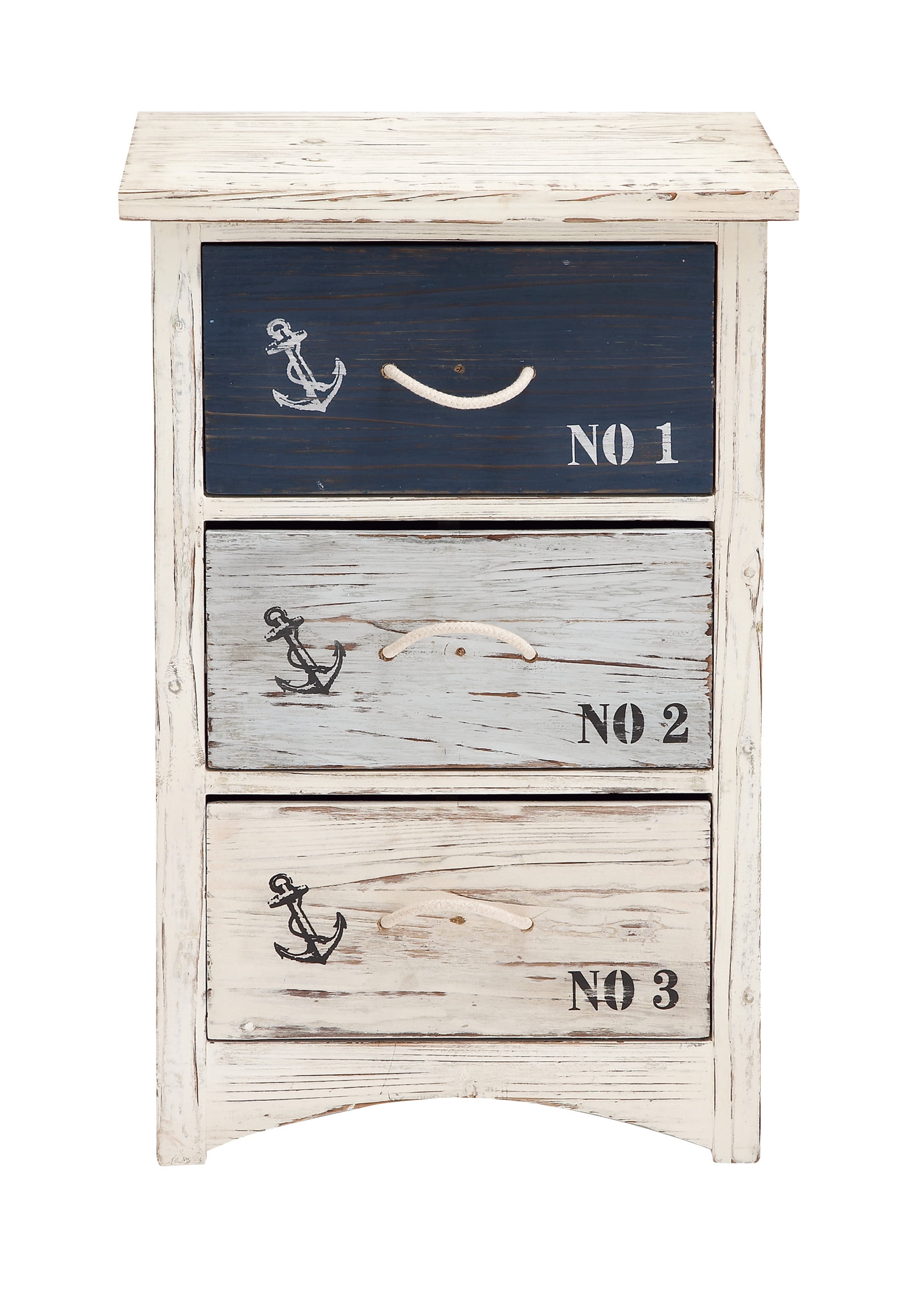White and Blue Wood Nautical Night Table with Rope Handles