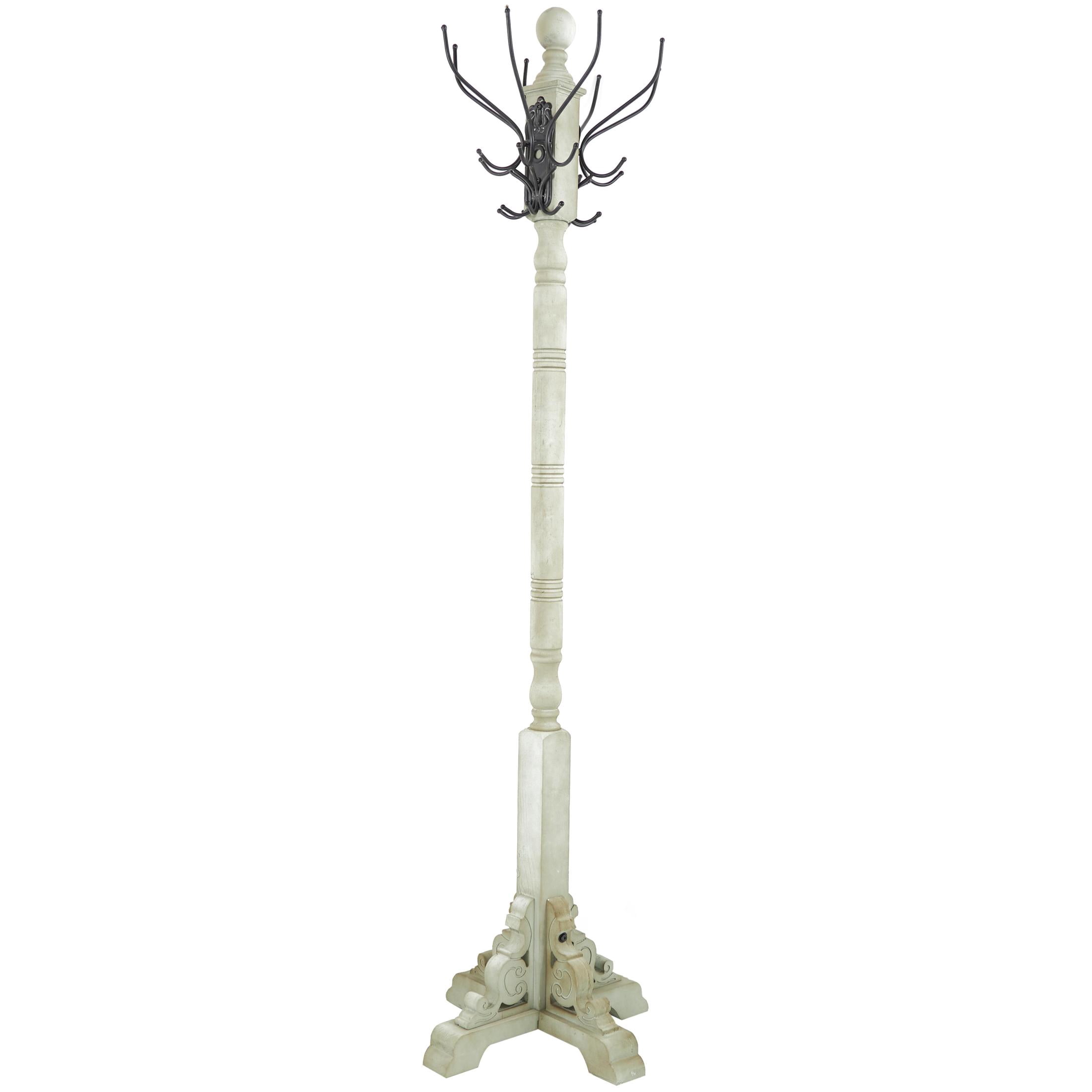 DecMode 19" x 74" Gray Wood Scroll Vintage Style 12 Hook Coat Rack with Black Metal Hooks, 1-Piece