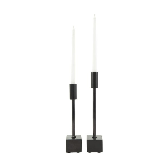 DecMode 2 Candle Black Aluminum Metal Slim Candle Holder with Block Bases, Set of 2