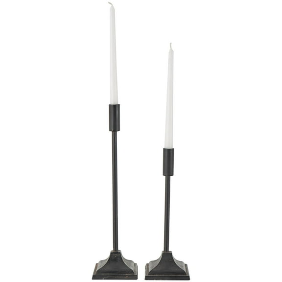 DecMode 2 Candle Black Metal Slim Weathered Candle Holder with Square Tapered Bases, Set of 2
