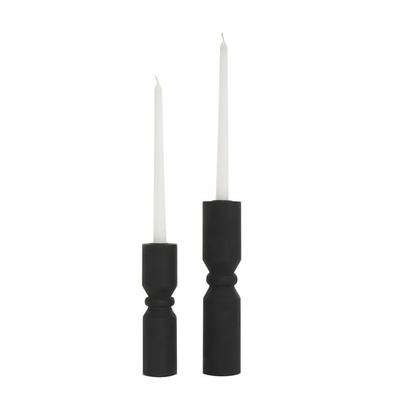 DecMode 2 Candle Black Wood Minimalistic Tapered Candle Holder, Set of 2