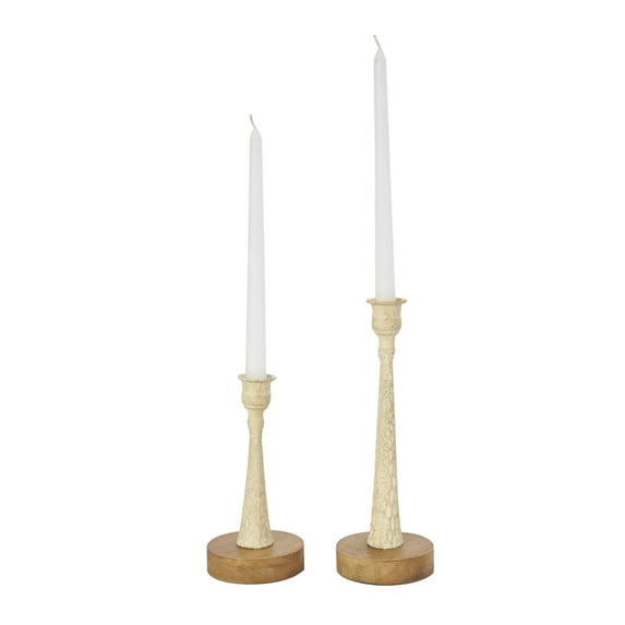 DecMode 2 Candle Cream Metal Textured Tapered Candle Holder with Brown Wood Bases, Set of 2