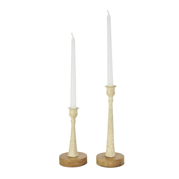 DecMode 2 Candle Cream Metal Textured Tapered Candle Holder with Brown Wood Bases, Set of 2