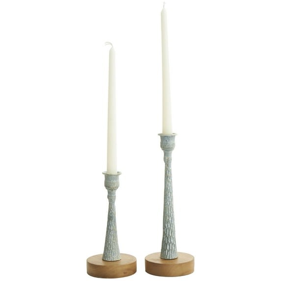 DecMode 2 Candle Light Blue Metal Textured Tapered Candle Holder with Brown Wood Bases, Set of 2